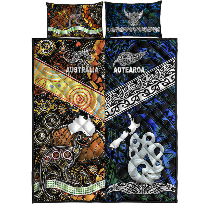 New Zealand Maori Aotearoa And Australia Aboriginal Quilt Bed Set Together - Blue LT8 - Polynesian Pride