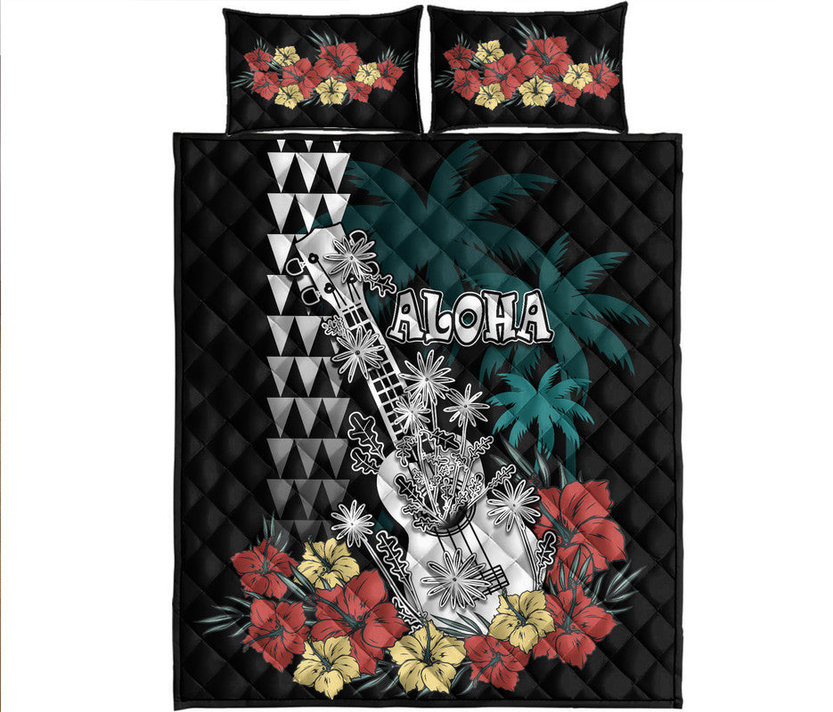 Hawaii Ukulele Mix Hibiscus and Coconut Tree Quilt Bed Set Aloha Vintage Black Version LT9 Black - Polynesian Pride
