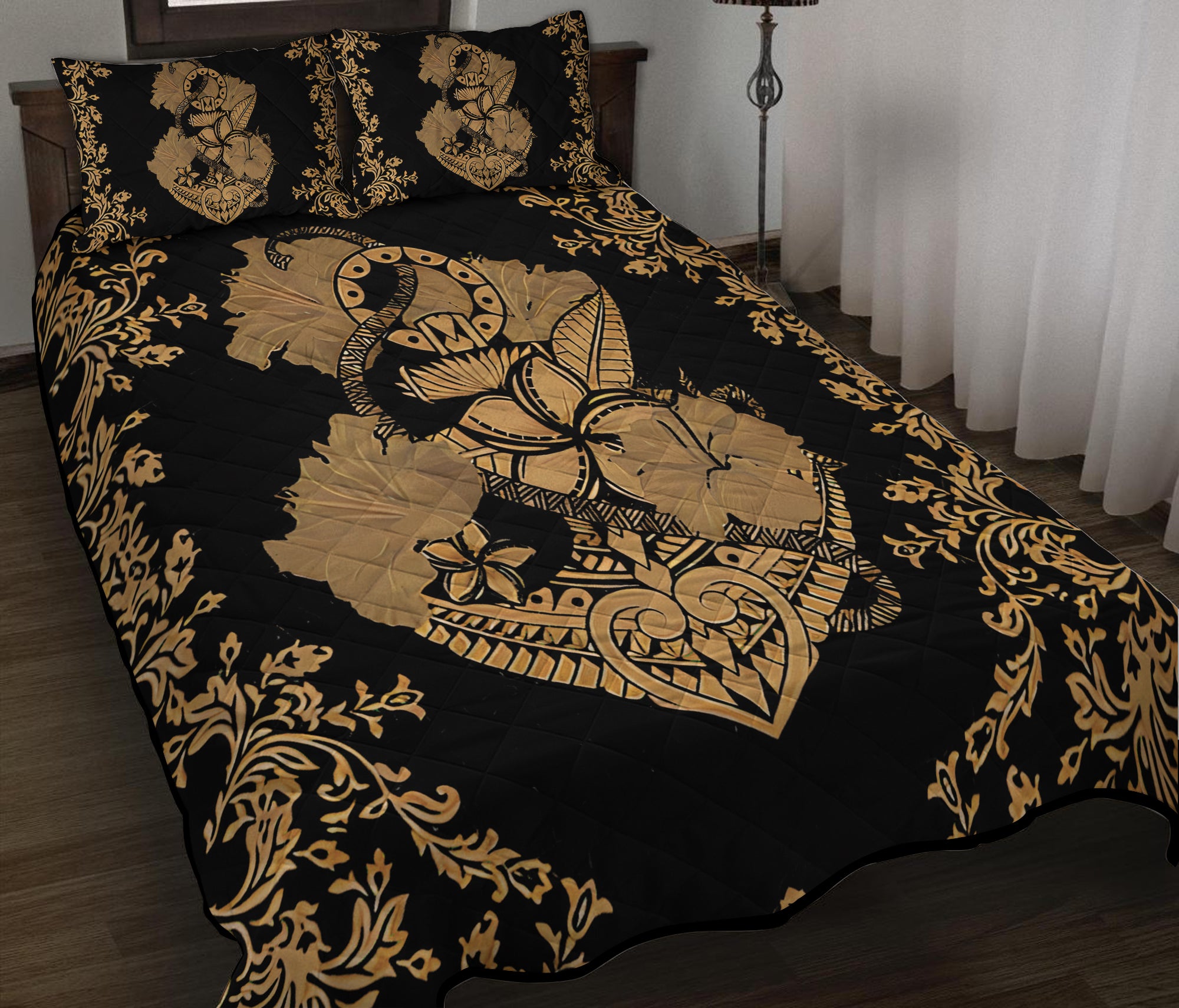 Hawaii Anchor Hibiscus Flower Vintage Quilt Bed Set - AH - Gold RLT14 Gold - Polynesian Pride