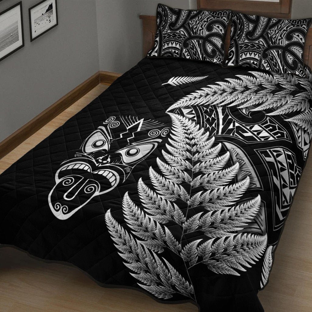 New Zealand Haka Rugby Maori Quilt Bed Set Silver Fern Vibes - Black LT8 - Polynesian Pride