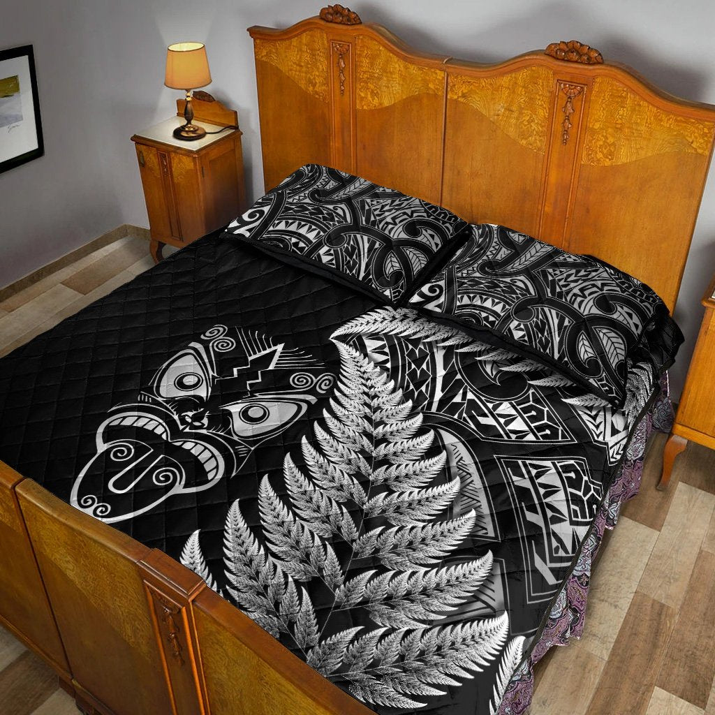New Zealand Haka Rugby Maori Quilt Bed Set Silver Fern Vibes - Black LT8 - Polynesian Pride