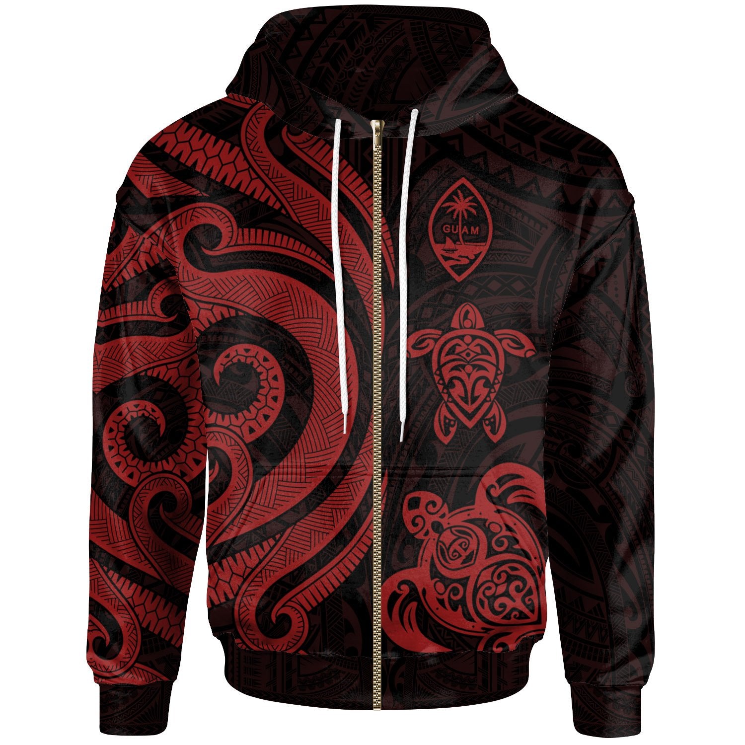 Guam Polynesian Zip up Hoodie Red Tentacle Turtle Unisex Red - Polynesian Pride