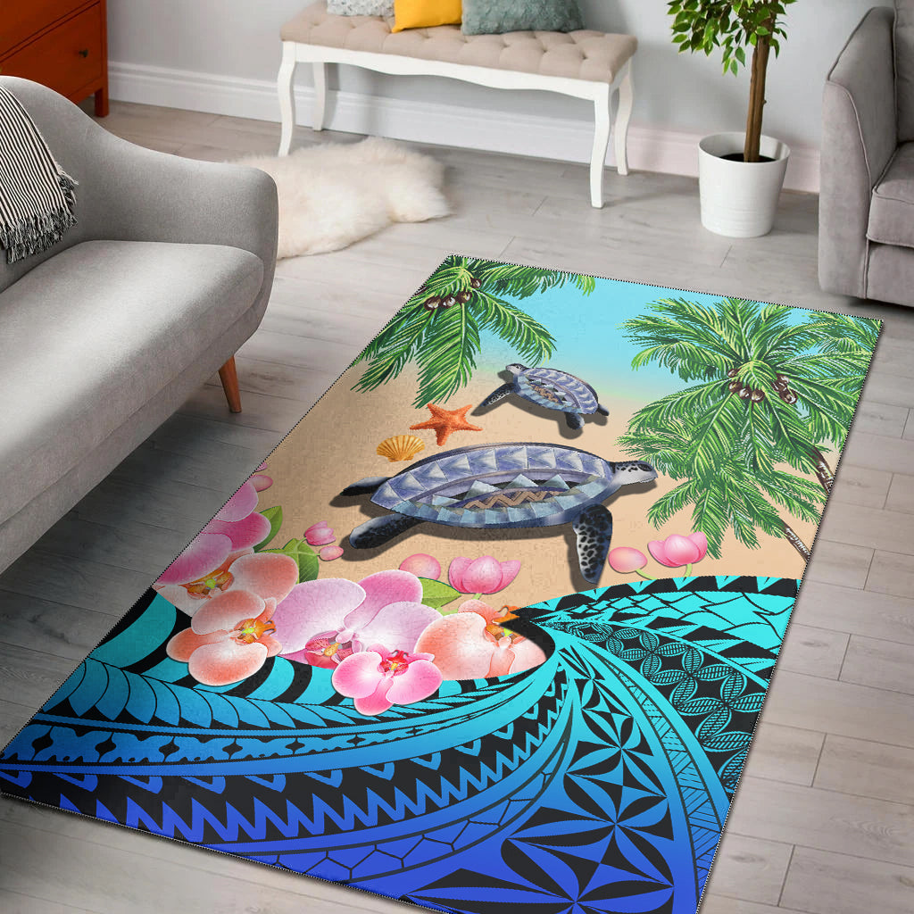 Polynesian Turtle Coconut Tree And Orchids Area Rug LT14 Blue - Polynesian Pride