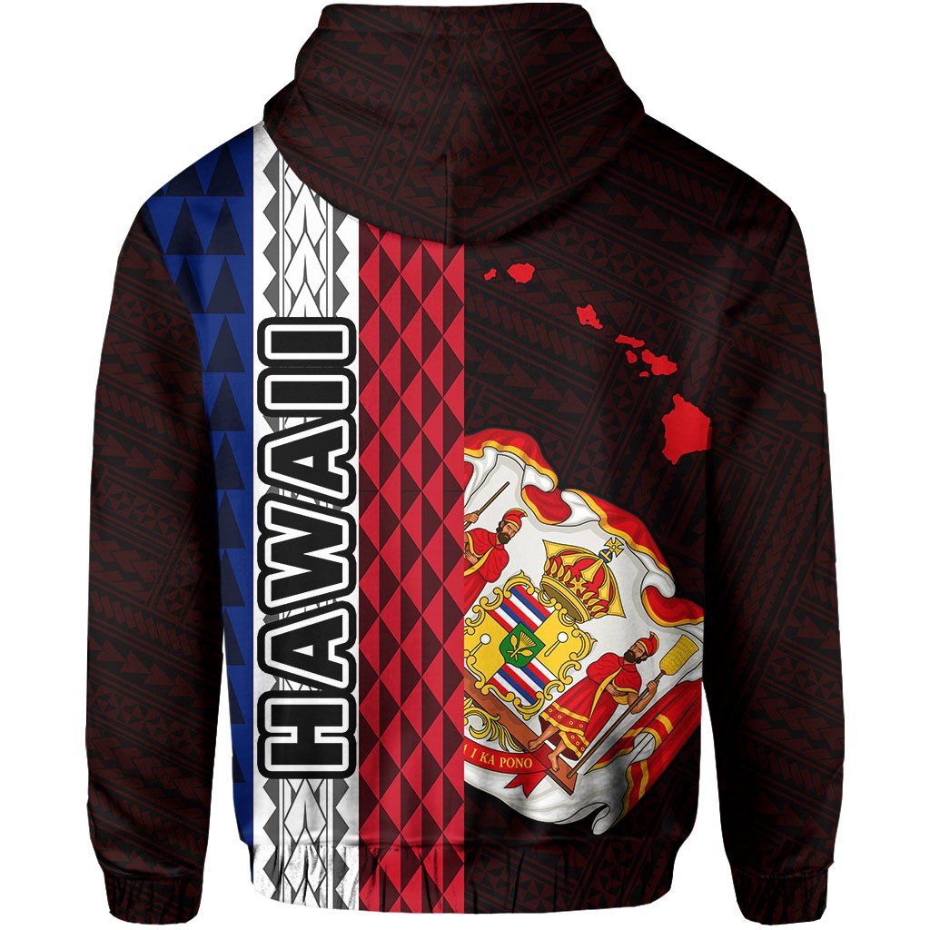 Polynesian Kakau Hawaii Flag Royal Coat of Arms Hawaii Zip Hoodie Red - Polynesian Pride