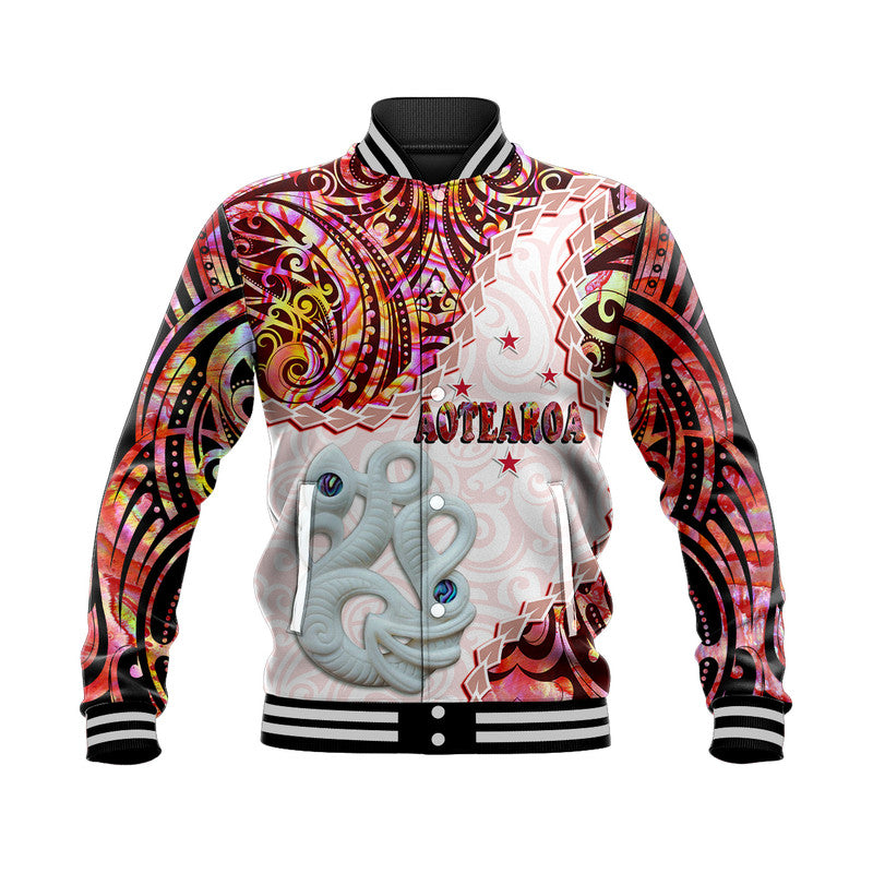 New Zealand Maori Baseball Jacket Aotearoa Manaia Red Paua Shell - Heare Ra LT9 Unisex Red - Polynesian Pride