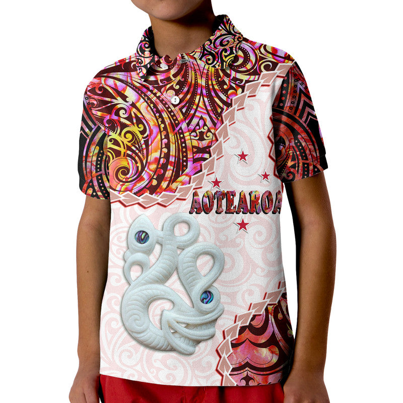 New Zealand Maori Polo Shirt Aotearoa Manaia Red Paua Shell Heare Ra LT9 Kid Red - Polynesian Pride