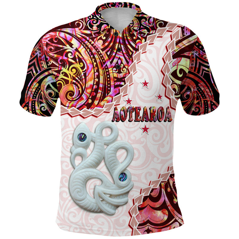 New Zealand Maori Polo Shirt Aotearoa Manaia Red Paua Shell Kia Ora LT9 Adult Red - Polynesian Pride