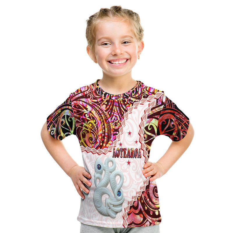 New Zealand Maori T Shirt Aotearoa Manaia Red Paua Shell Heare Ra LT9 Kid Red - Polynesian Pride