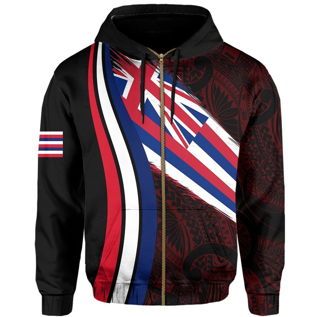Hawaii Flag Polynesian Hoodie Zip Red Ten Style - Polynesian Pride