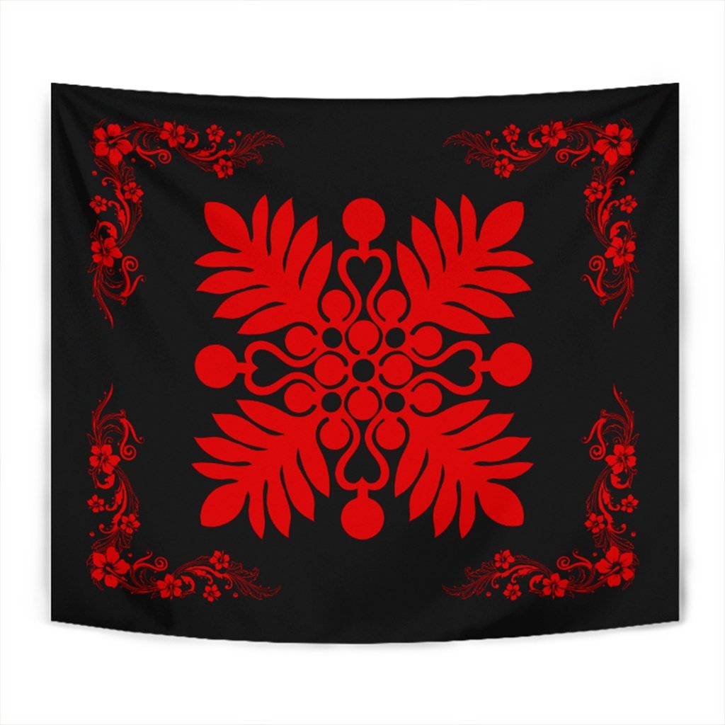 Hawaiian Quilt Maui Plant And Hibiscus Tappestry - Red Black - AH Wall Tapestry Red - Polynesian Pride