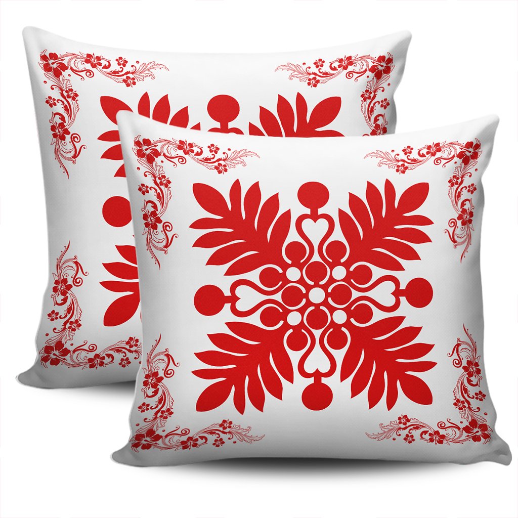 Hawaiian Quilt Maui Plant And Hibiscus Pattern Pillow Covers - Red White - AH - Polynesian Pride