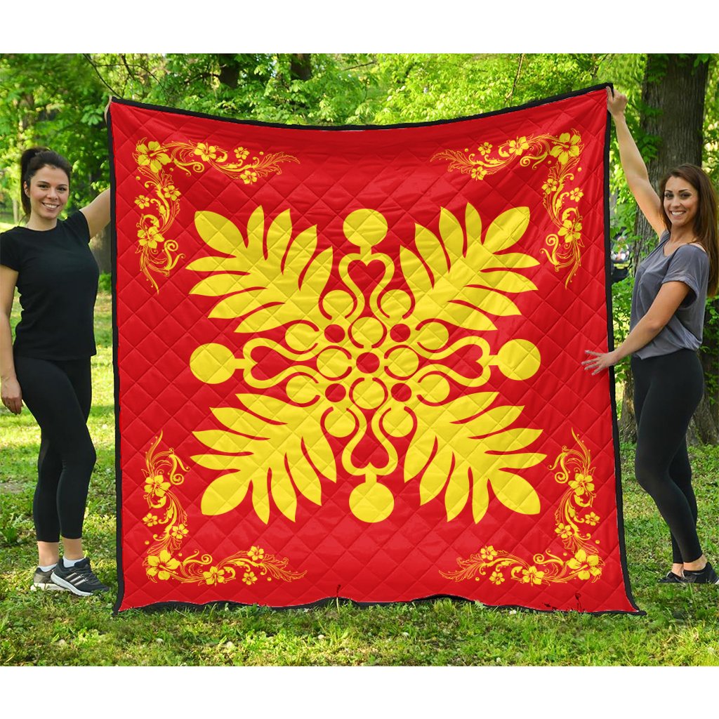 Hawaiian Quilt Maui Plant And Hibiscus Premium Quilt - Royal - AH Royal - Polynesian Pride