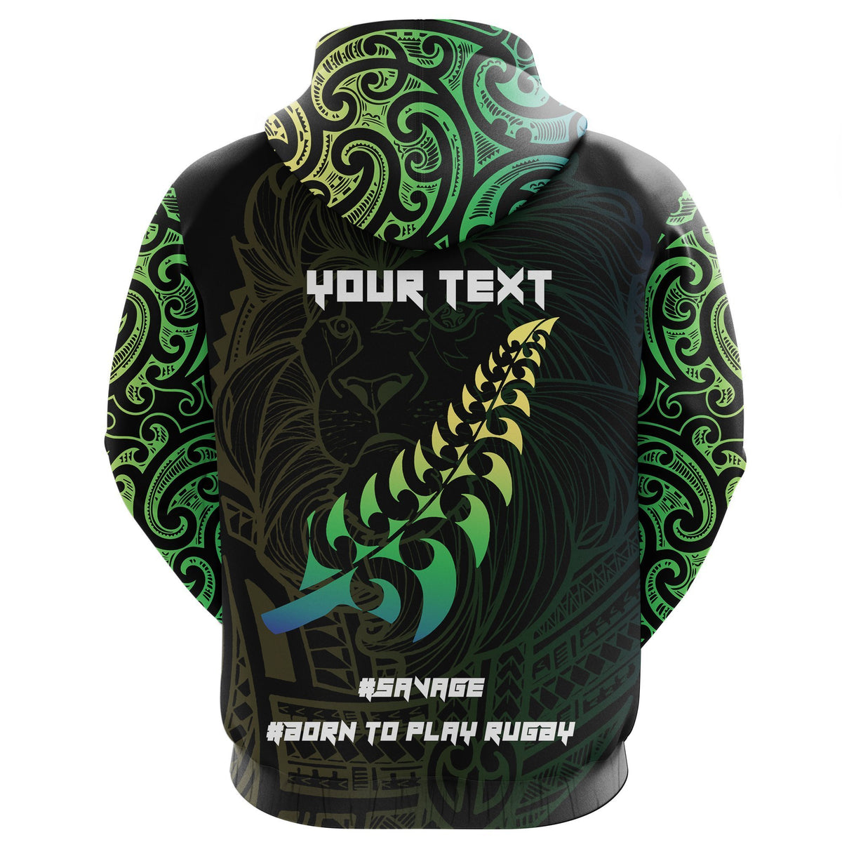 Maori Lion Rugby Hoodie Green Customized Unisex Black - Polynesian Pride