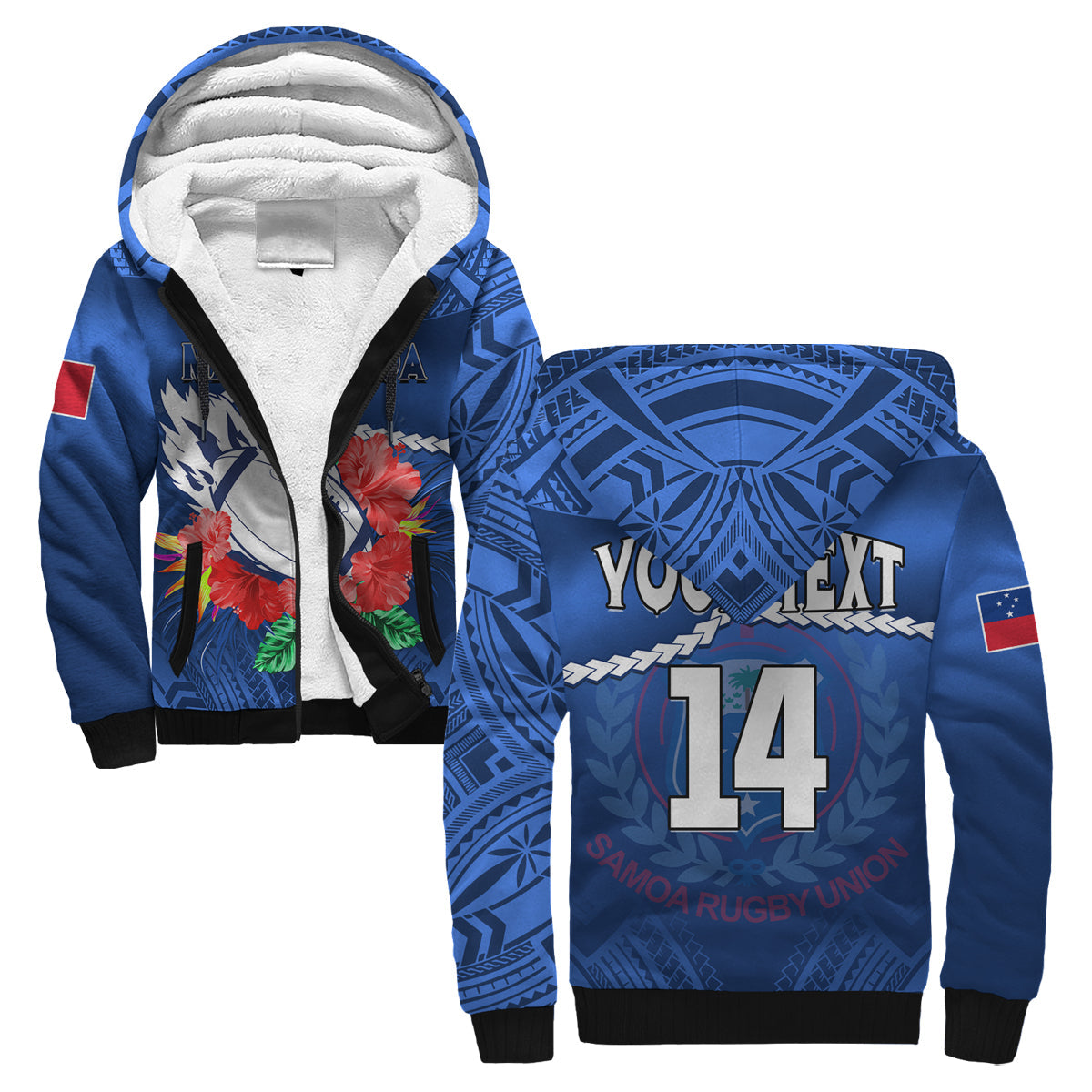 (Custom Text And Number) Samoa Rugby Sherpa Hoodie Manu Samoa Polynesian Hibiscus Blue Style LT14 Unisex Blue - Polynesian Pride