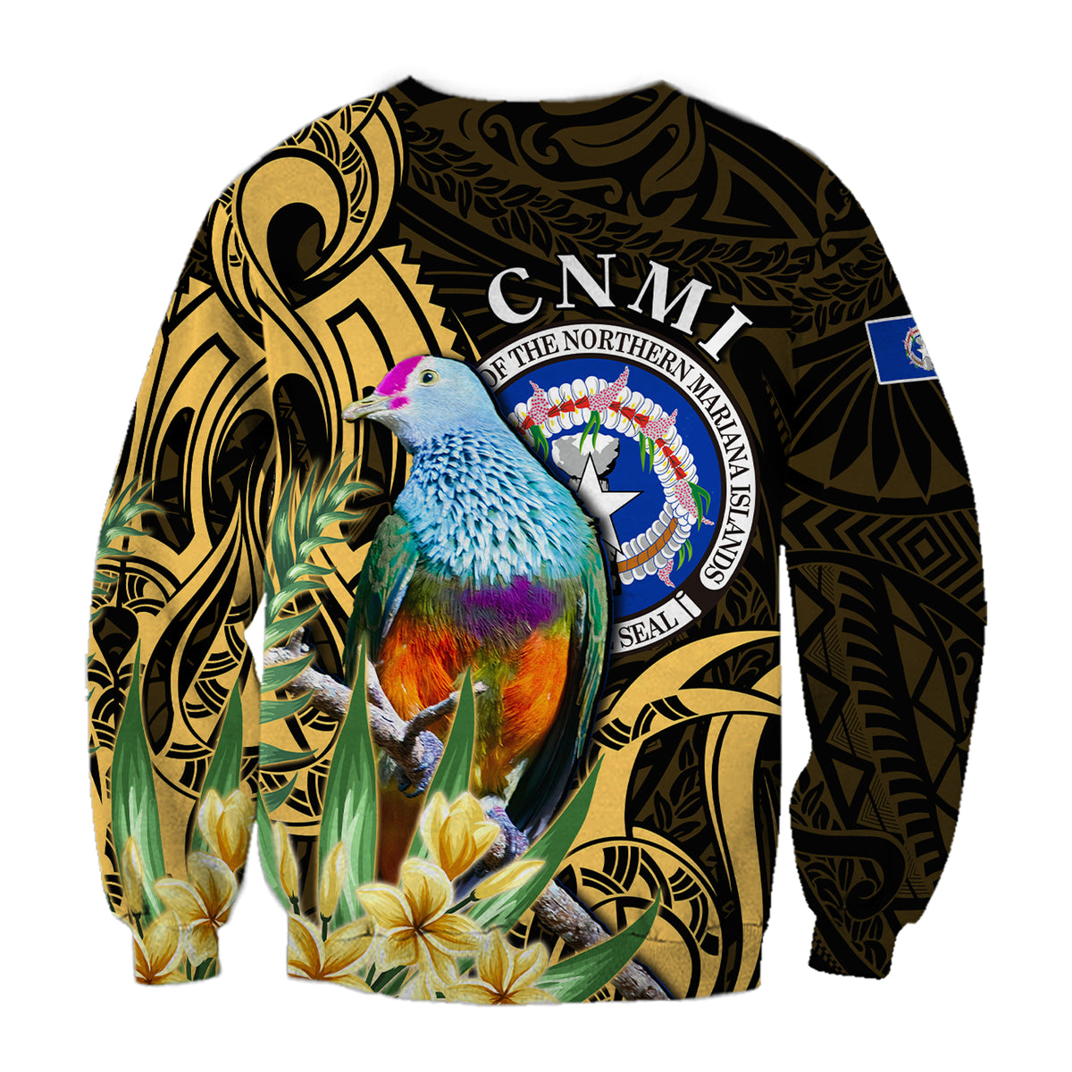 (Custom Personalised) Northern Mariana Islands Sweatshirt Mariana Fruit Dove Mix Frangipani Flowers Gold LT13 - Polynesian Pride
