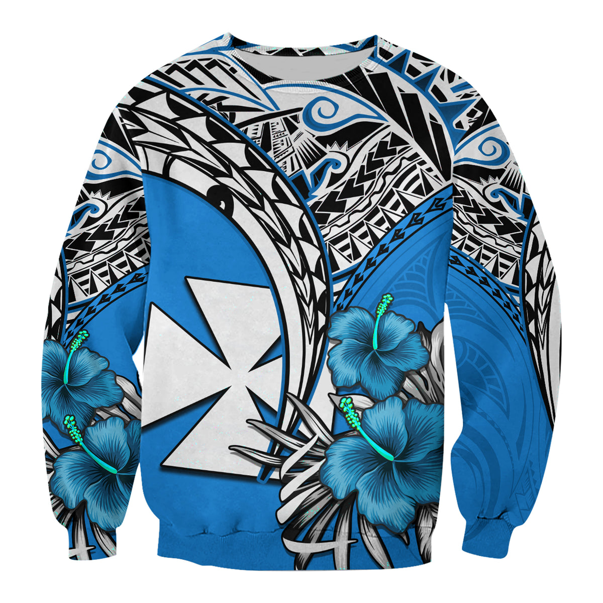 Wallis et Futuna Sweatshirt Polynesian Pattern and Hibiscus Flowers Version Blue LT13 Unisex Blue - Polynesian Pride