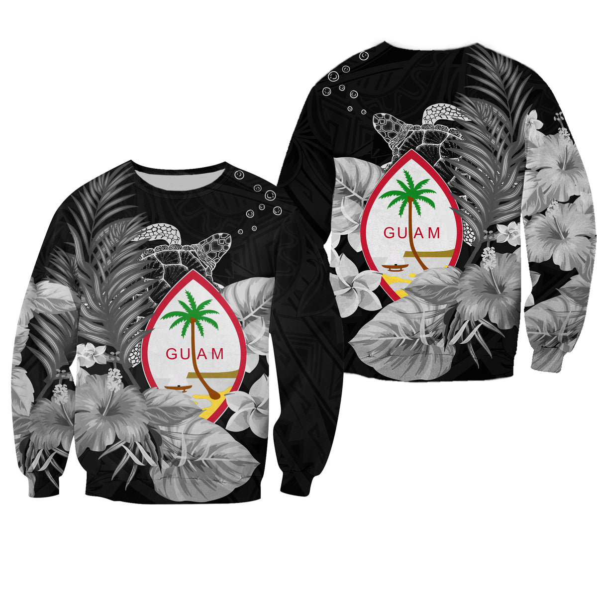 Guam Seal Sweatshirt Polynesian Turtle with Flowers Version White LT13 Unisex White - Polynesian Pride