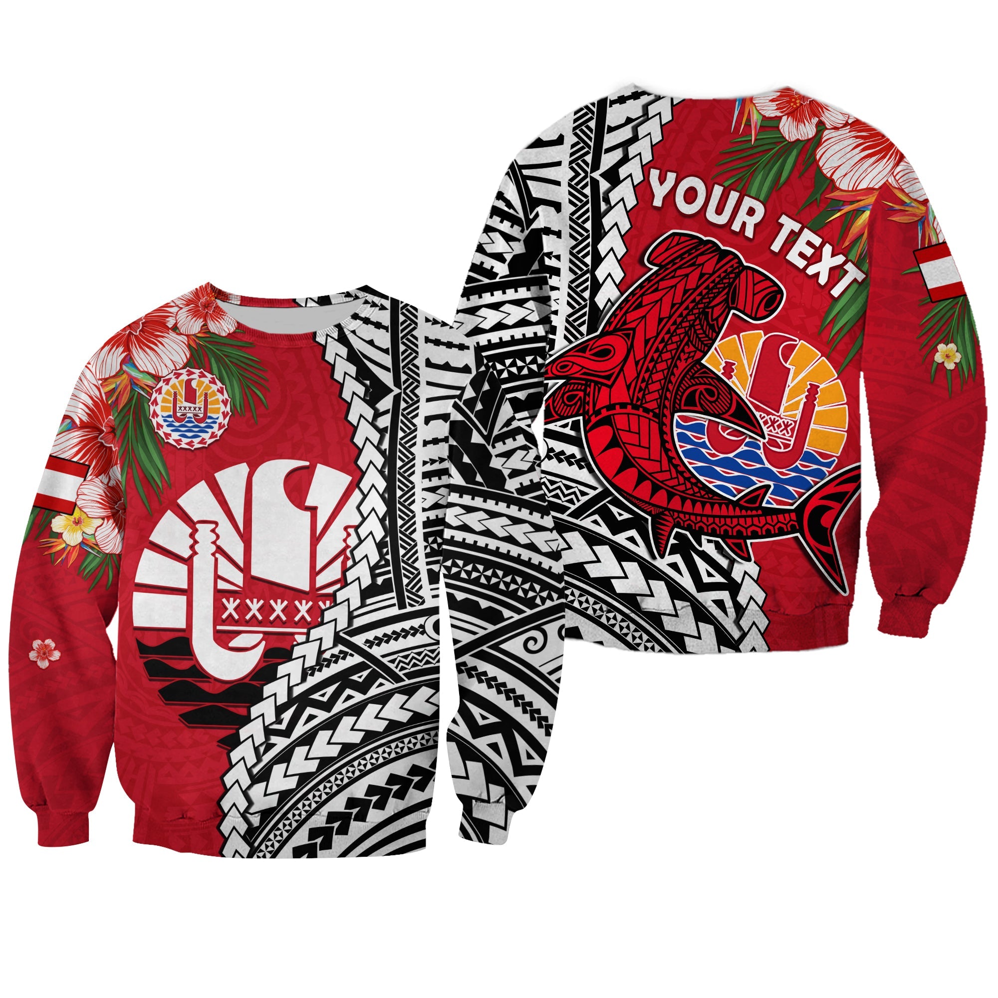(Custom Personalised) Tahiti Islands Sweatshirt Polynesian Shark Mix Tropical Flowers LT14 Unisex Red - Polynesian Pride