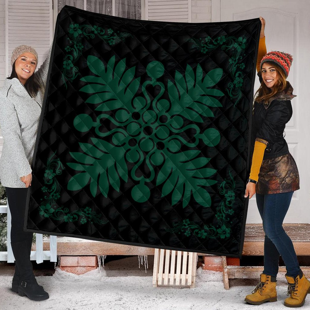 Hawaiian Quilt Maui Plant And Hibiscus Premium Quilt - Sacramento Black - AH - Polynesian Pride