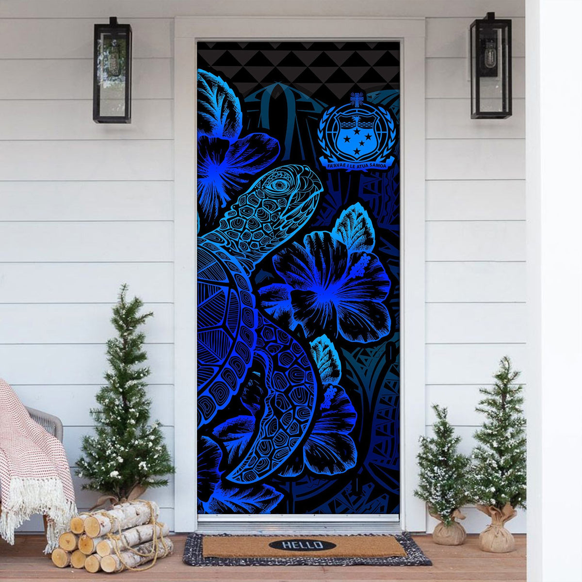 Samoa Door Cover Turtle Hibiscus Blue - Polynesian Pride