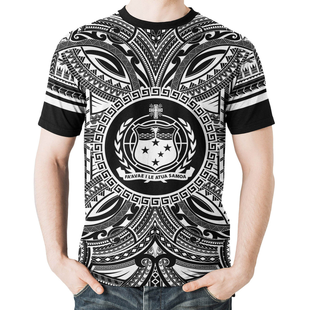 Samoa All T Shirt Samoa Coat Of Arms Polynesian White Black - Polynesian Pride