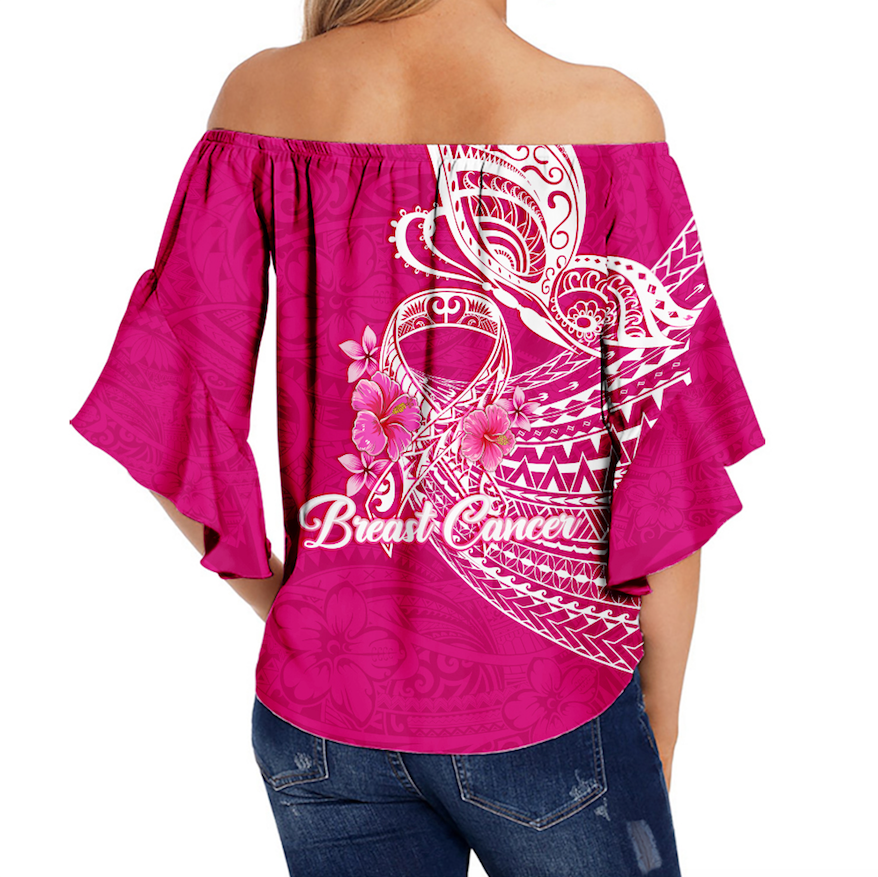 Breast Cancer Pink Ribbon Butterfly Polynesian Pink Version Off Shoulder Waist Wrap Top - LT12 - Polynesian Pride