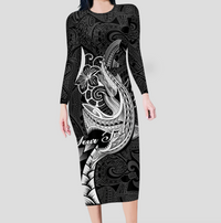(Custom Personalised) Polynesian Shark Tattoo Hawaii Tribal Long Sleeve Dress - LT12 Women Black - Polynesian Pride