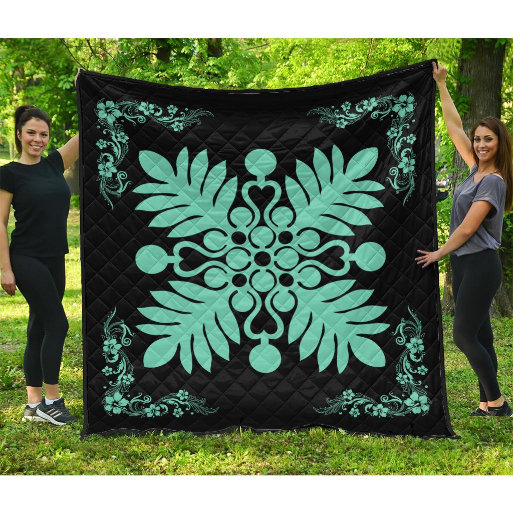 Hawaiian Quilt Maui Plant And Hibiscus Premium Quilt - Seafoarm Black - AH Art - Polynesian Pride