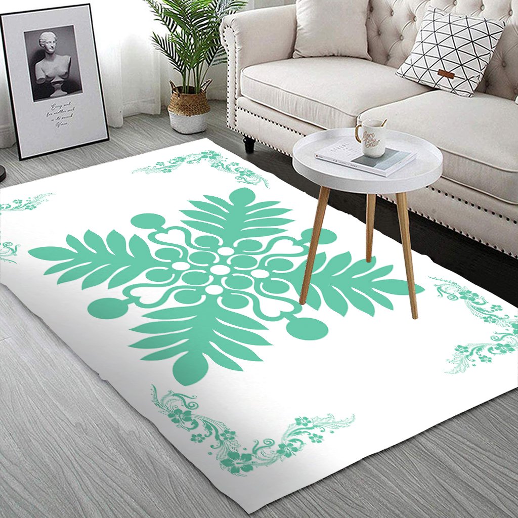 Hawaiian Quilt Maui Plant And Hibiscus Pattern Area Rug - Seafoarm White - AH - Polynesian Pride