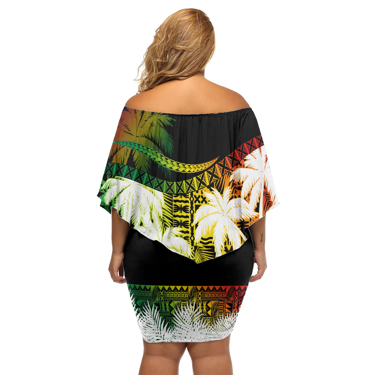 Fiji Day Off Shoulder Short Dress Flying Fijians Masi Kesa Style - Reggae LT7 - Polynesian Pride