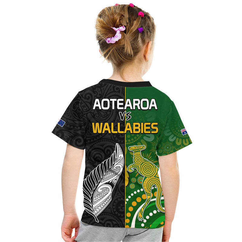 Aotearoa Rugby All Black Combine Australia Wallabies Kid T Shirt Aboriginal Kangaroo And Maori Fern LT9 - Polynesian Pride