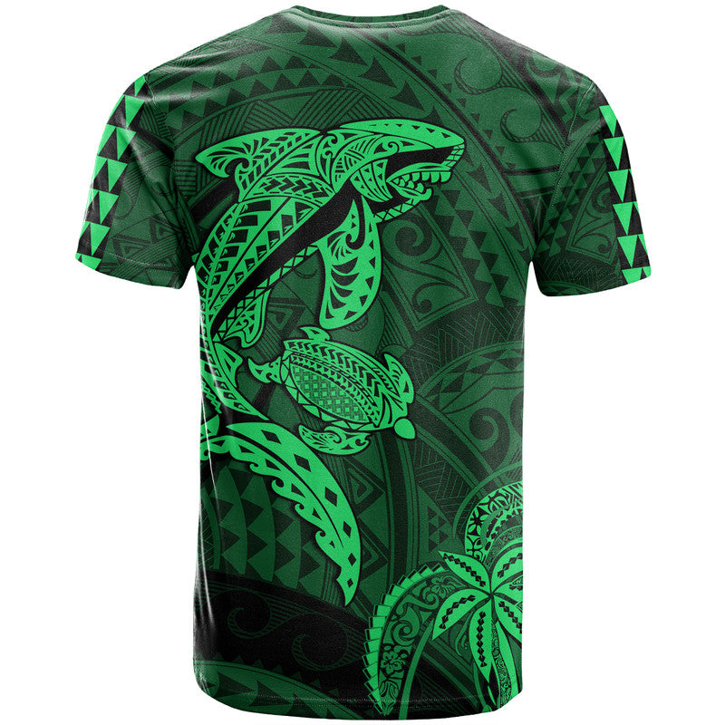 Custom Hawaii T Shirt Shark and Turtle Mix Kakau Green LT9 - Polynesian Pride