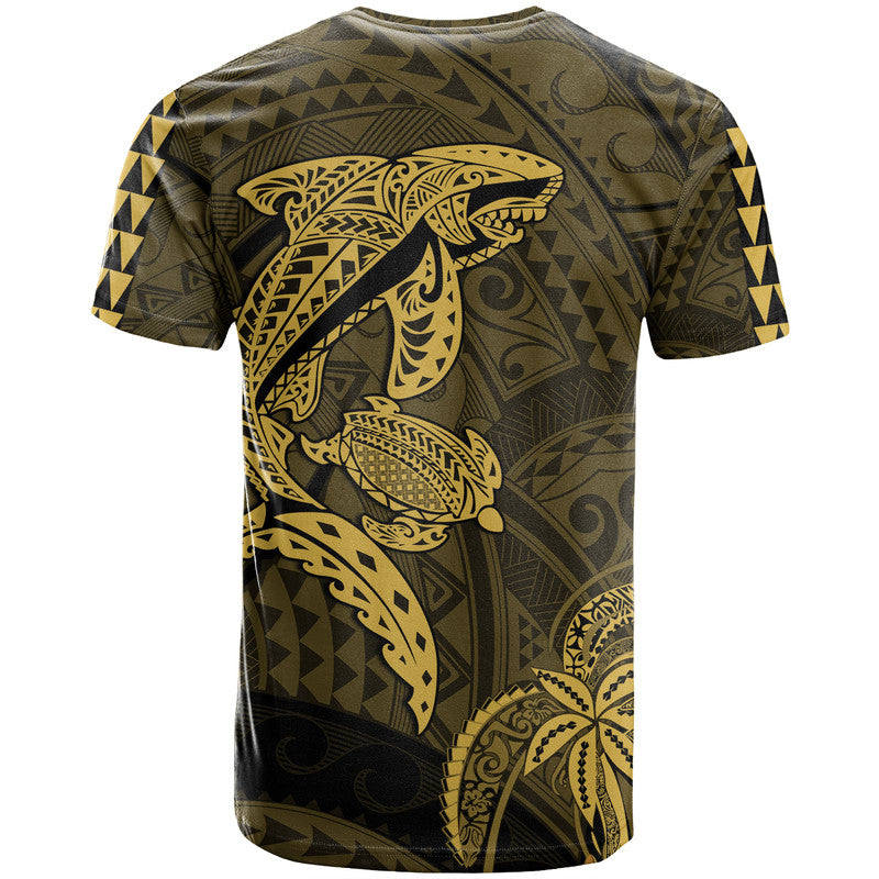 Custom Hawaii T Shirt Shark and Turtle Mix Kakau Gold LT9 - Polynesian Pride