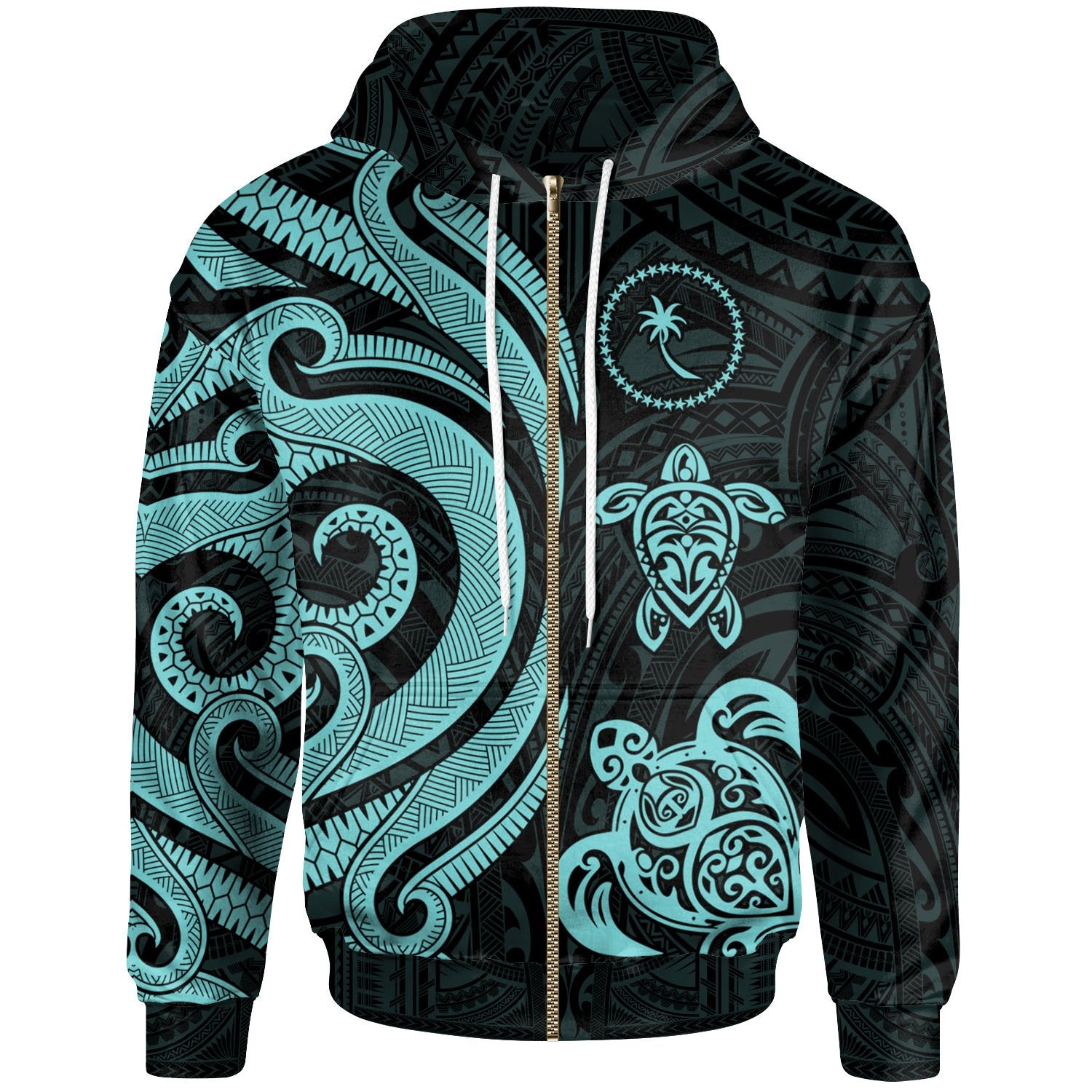Chuuk Polynesian Zip up Hoodie Turquoise Tentacle Turtle Unisex Turquoise - Polynesian Pride