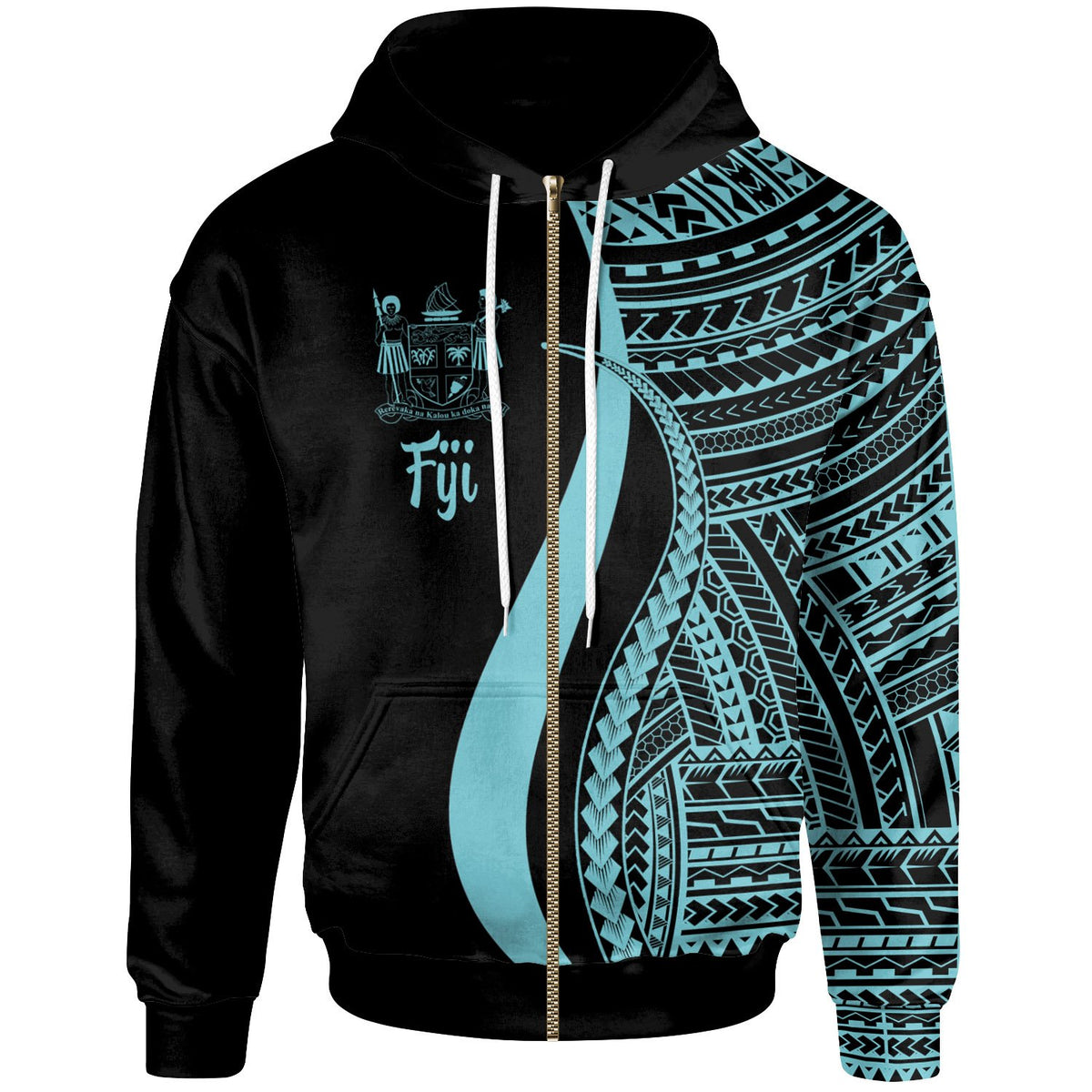 Fiji Zip up Hoodie Turquoise Tentacle Tribal Pattern Crest Unisex Turquoise - Polynesian Pride