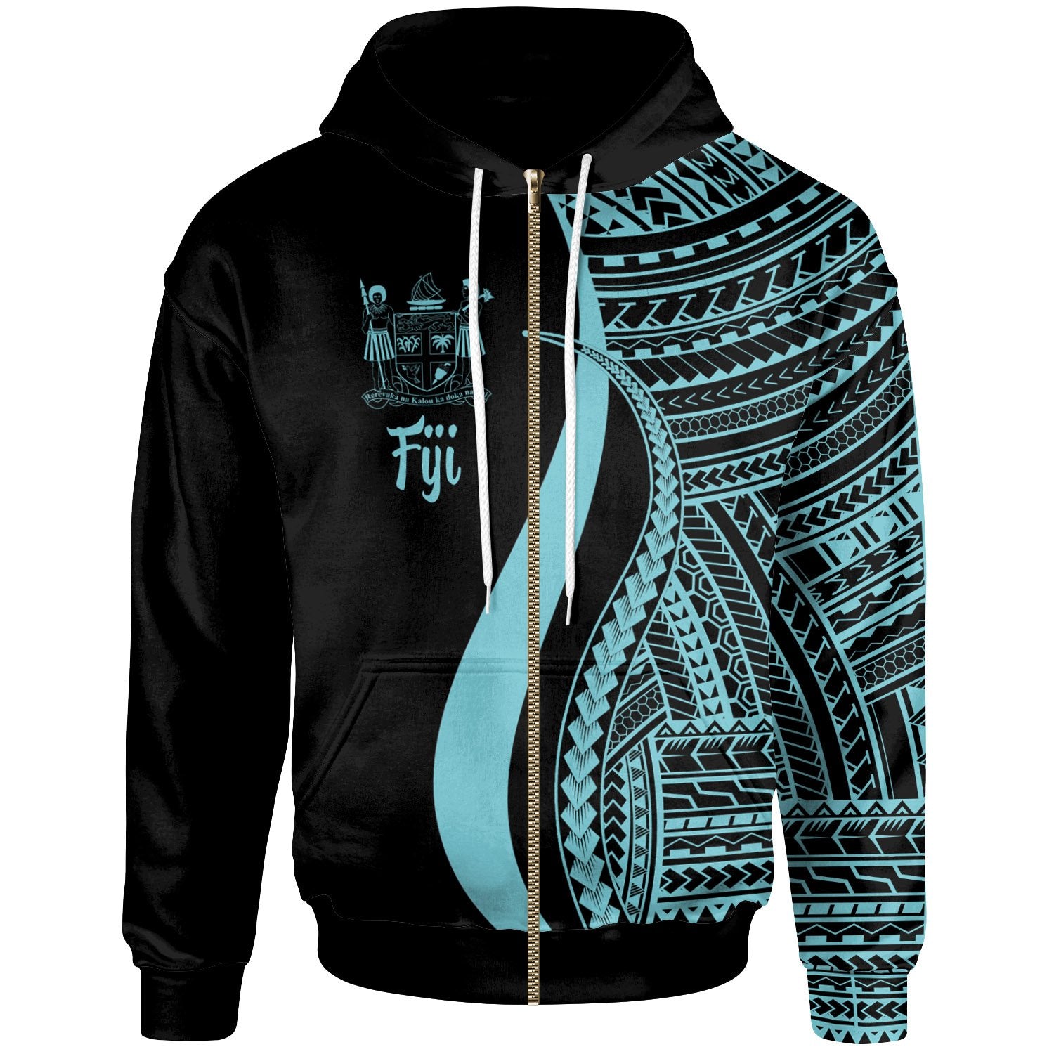 Fiji Zip up Hoodie Turquoise Tentacle Tribal Pattern Crest Unisex Turquoise - Polynesian Pride