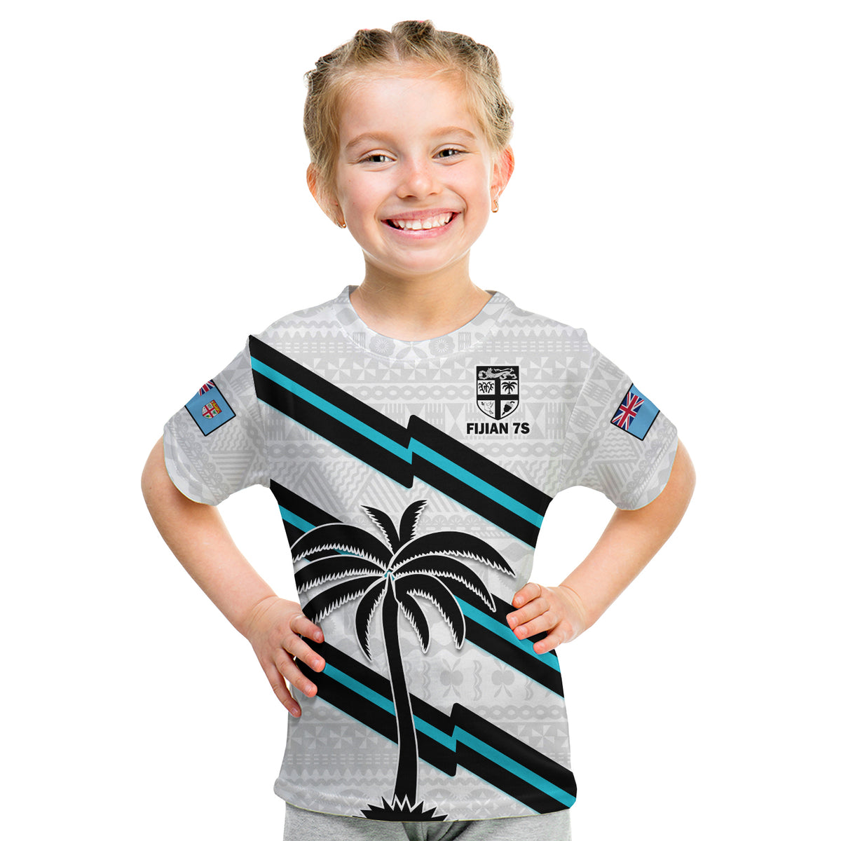 (Custom Text And Number) Fiji Rugby Tapa Pattern Fijian 7s White Kid T Shirt LT14 Youth XL Size14 - Polynesian Pride