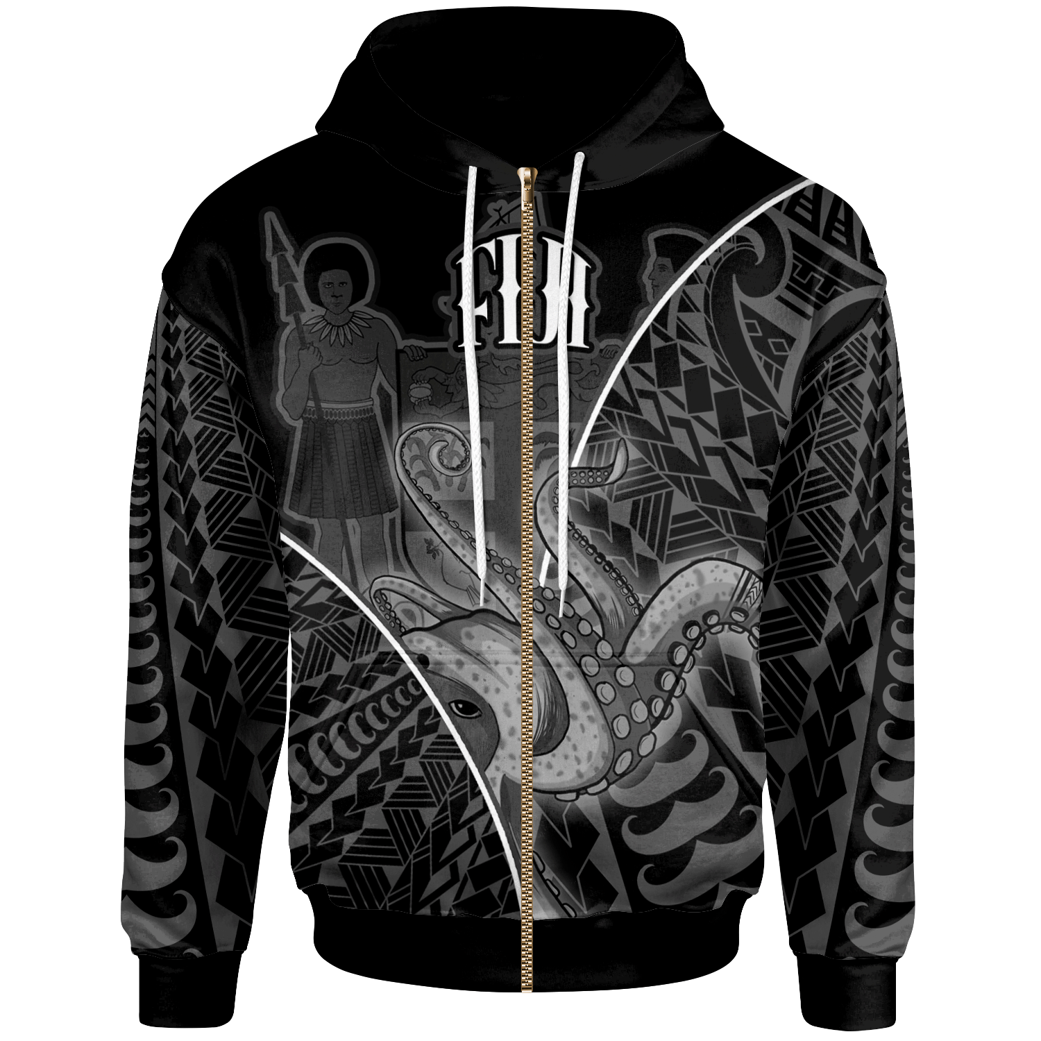 Fiji Zip Hoodie Octopus Style White Color Unisex White - Polynesian Pride