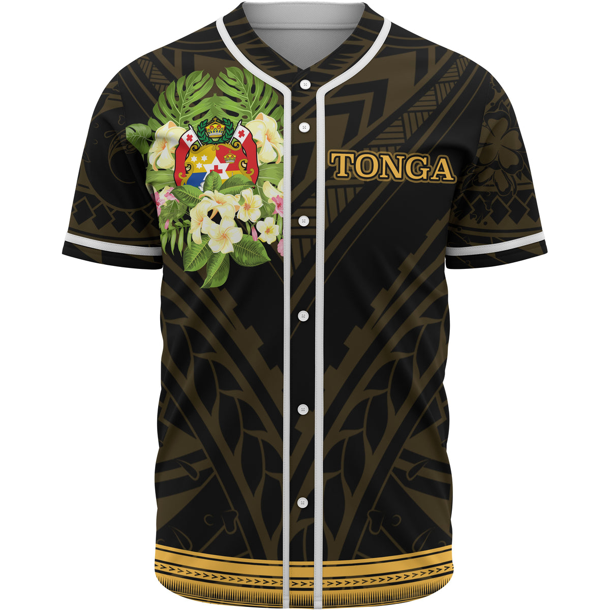 Tonga Baseball Shirt - Polynesian Gold Patterns Collection Unisex Black - Polynesian Pride