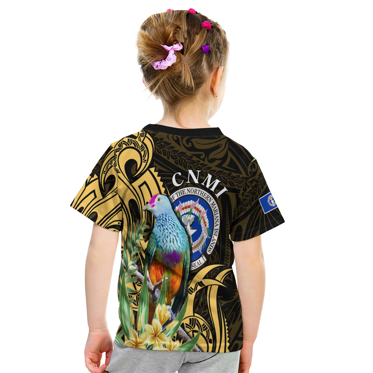 (Custom Personalised) Northern Mariana Islands T Shirt KID Mariana Fruit Dove Mix Frangipani Flowers Gold LT13 - Polynesian Pride