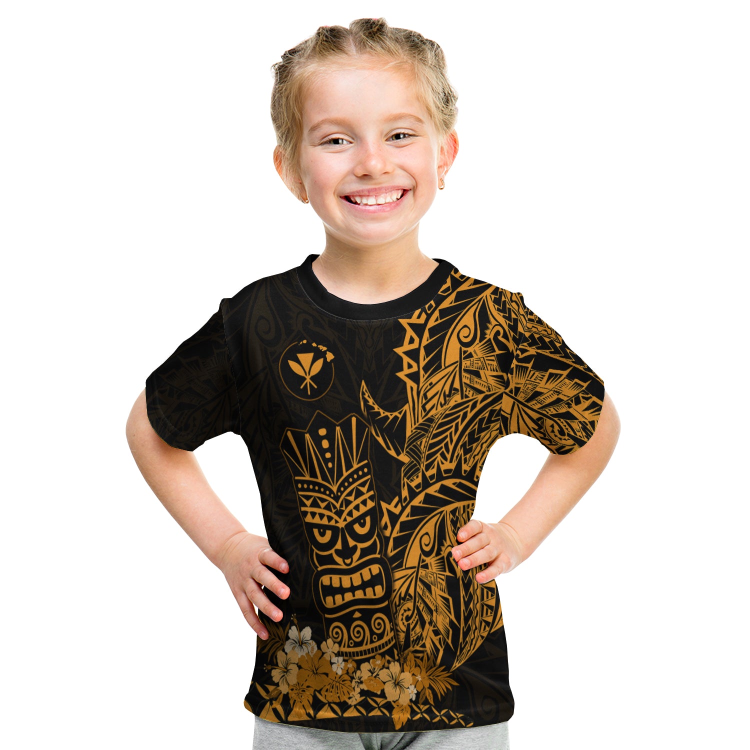 Hawaii Polynesian T Shirt Kid Gold Tiki Masks Hawaiian LT13 - Polynesian Pride