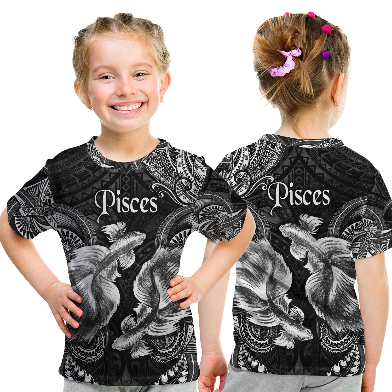 Pisces Zodiac Polynesian T Shirt Kid Unique Style - Black LT8 - Polynesian Pride