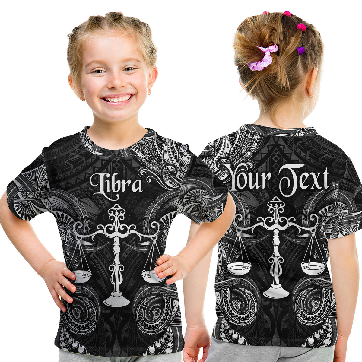 (Custom Personalised) Libra Zodiac Polynesian T Shirt Kid Unique Style - Black LT8 Youth XL Size14 - Polynesian Pride
