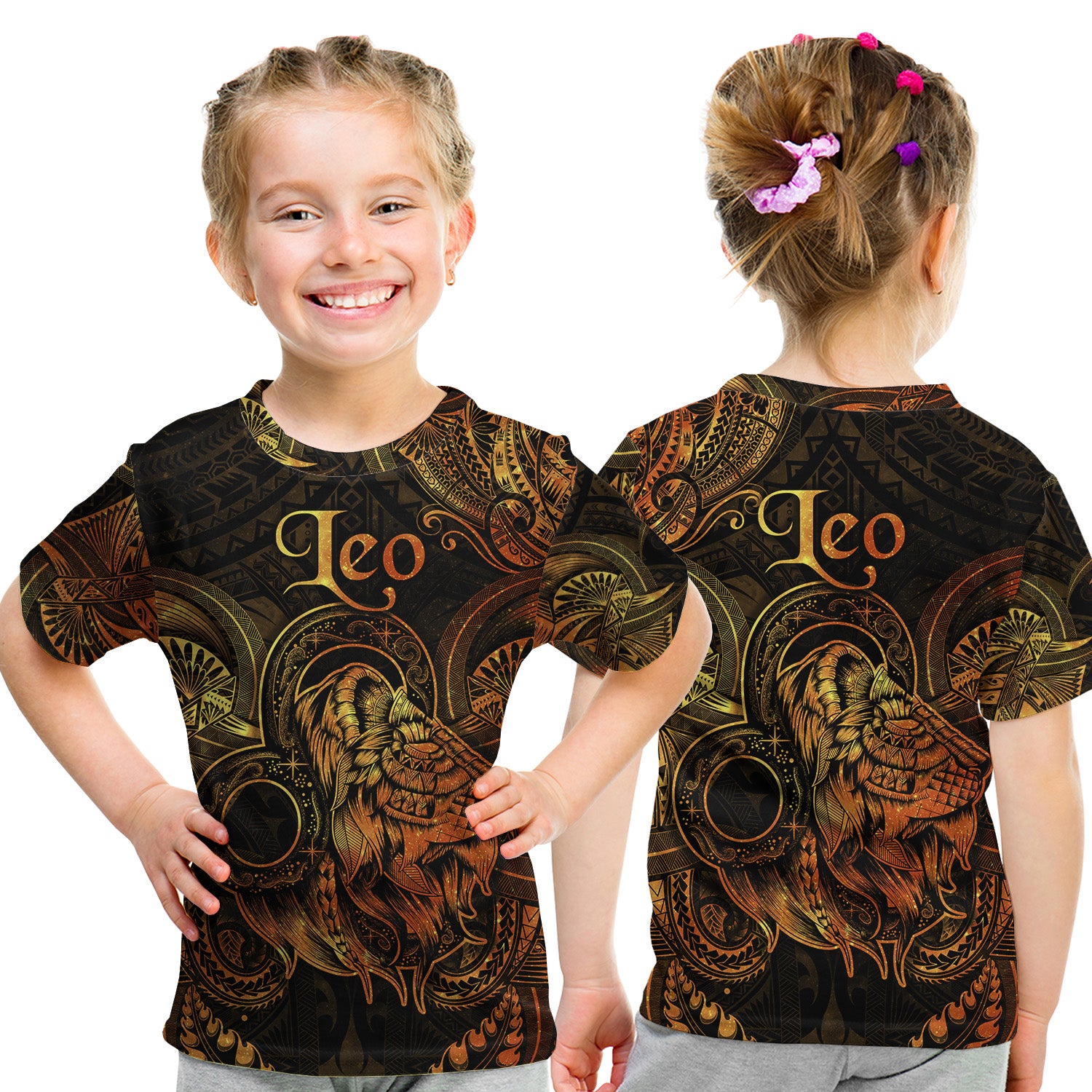 Leo Zodiac Polynesian T Shirt Kid Unique Style - Gold LT8 - Polynesian Pride