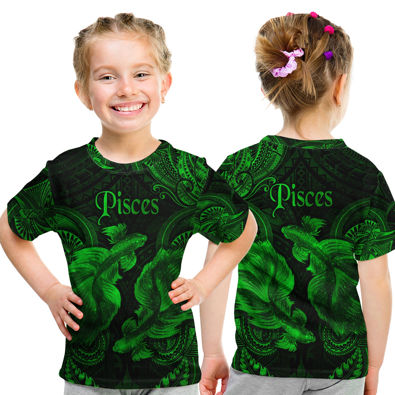 Pisces Zodiac Polynesian T Shirt Kid Unique Style - Green LT8 - Polynesian Pride