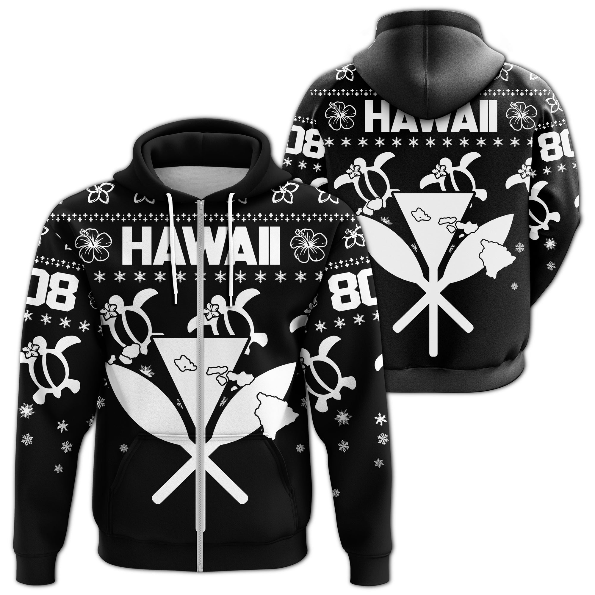 Kanaka Turtle Christmas Pattern Zipper Hoodie Helen Style White Unisex White - Polynesian Pride