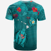 Custom Hawaiian Islands T Shirt Hawaii Tropical Flowers and Turtles Turquoise LT13 - Polynesian Pride