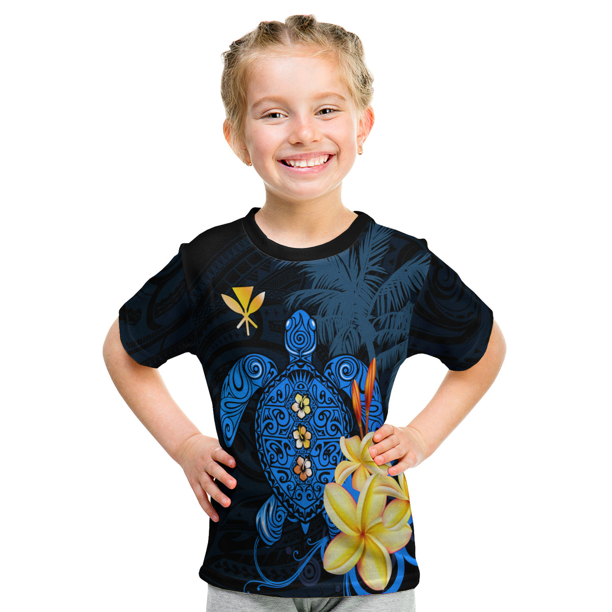 Hawaii Turtle T Shirt Kid Hawaiian Flowers Version Blue Elegant LT13 - Polynesian Pride