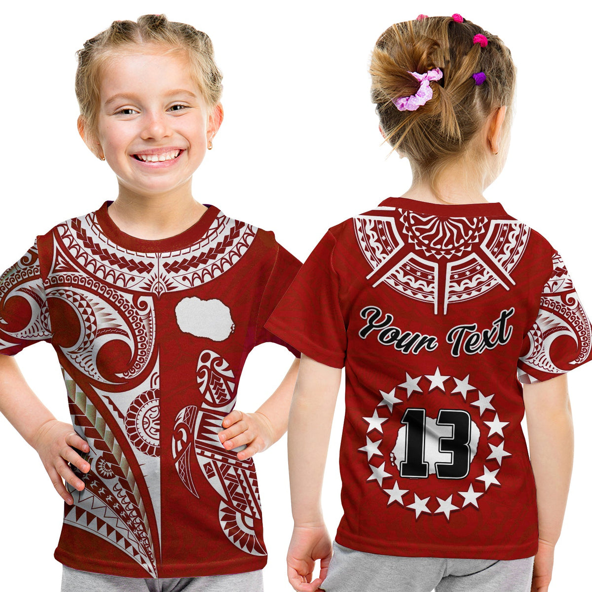 (Custom Text and Number) Rarotonga Cook Islands T Shirt KID Turtle and Map Style Red LT13 - Polynesian Pride
