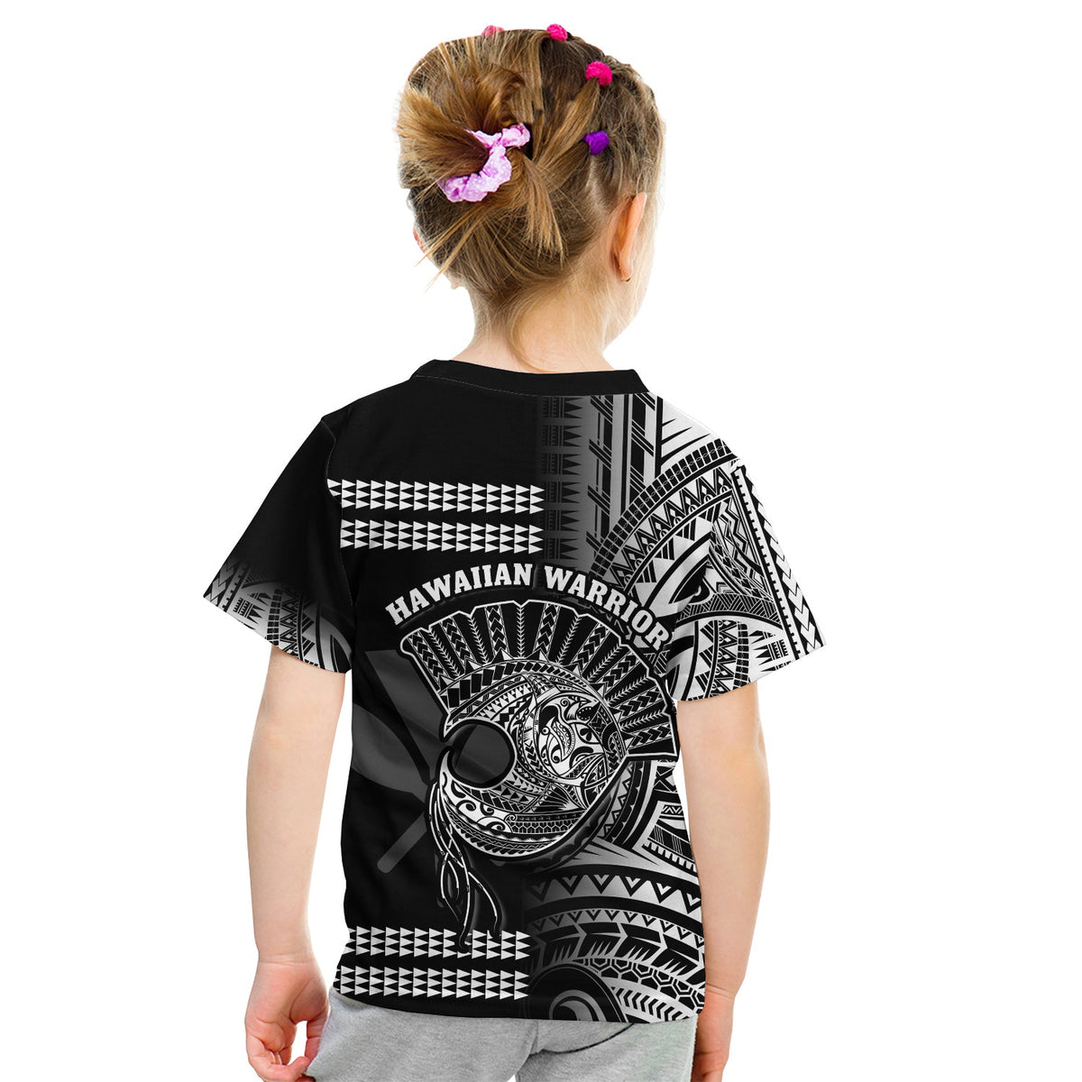 Hawaii T Shirt KID Kakau Warrior Helmet Gradient White Polynesian LT14 - Polynesian Pride